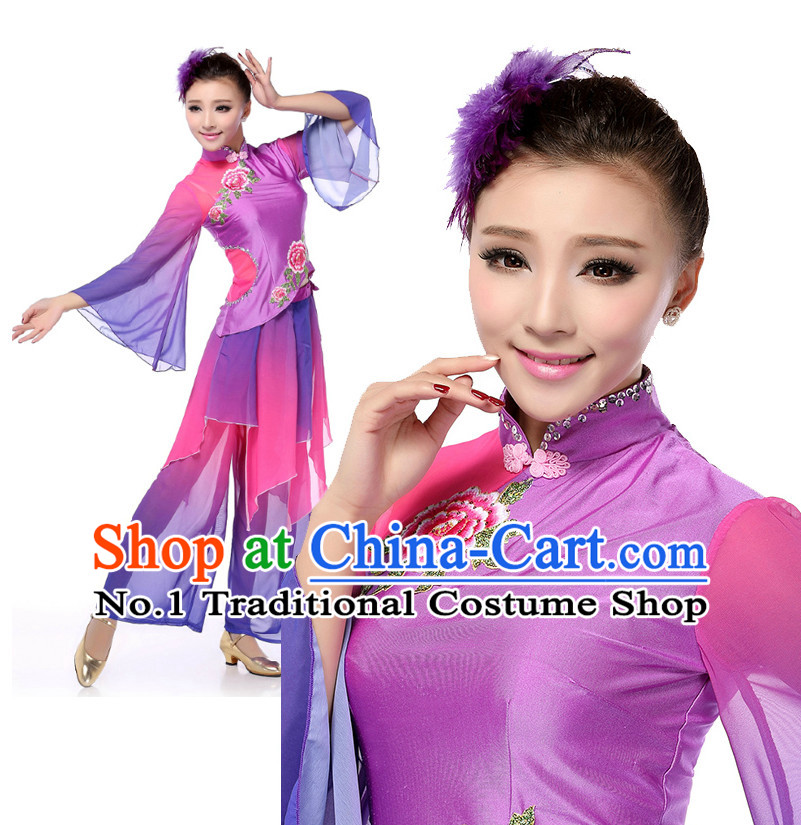 Chinese Traditional Fan Dance Apparel Dance Attire and Headpiece Complete Set for Women
