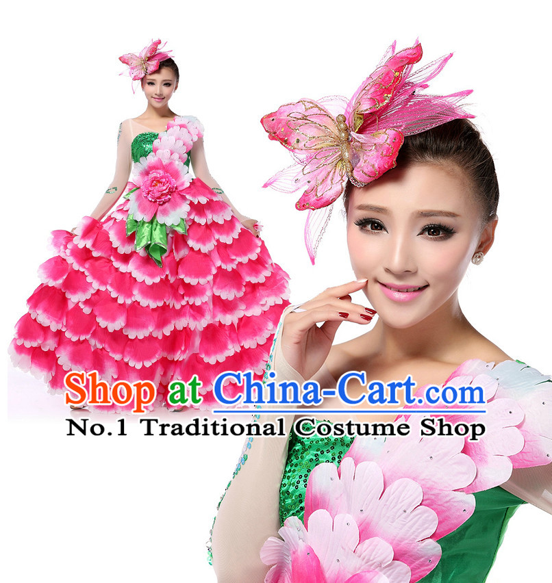Chinese Traditional Flower Dancing Apparel Dance Attire and Headpiece Complete Set for Women