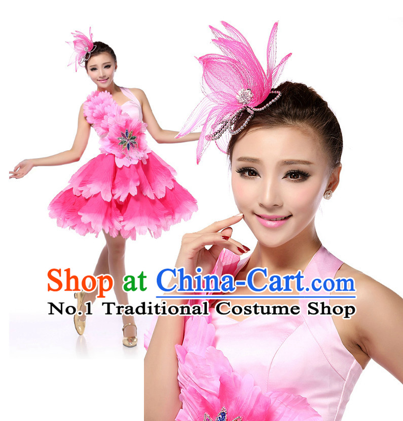 Chinese Flower Dancing Costumes Apparel Dance Stores Dance Gear Dance Attire and Hair Accessories Complete Set
