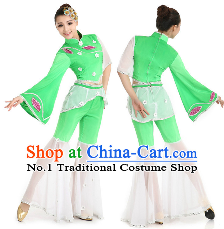 Chinese Stage Fan Costumes Apparel Dance Stores Dance Gear Dance Attire and Hair Accessories Complete Set