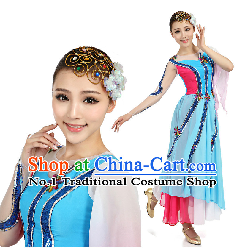 Asian Chinese Professional Stage Costumes Dance Stores Dance Gear Dance Attire and Hair Accessories Complete Set