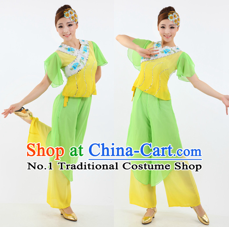 Asian Chinese Fans Dance Costume Dance Stores Dance Gear Dance Attire and Hair Accessories Complete Set