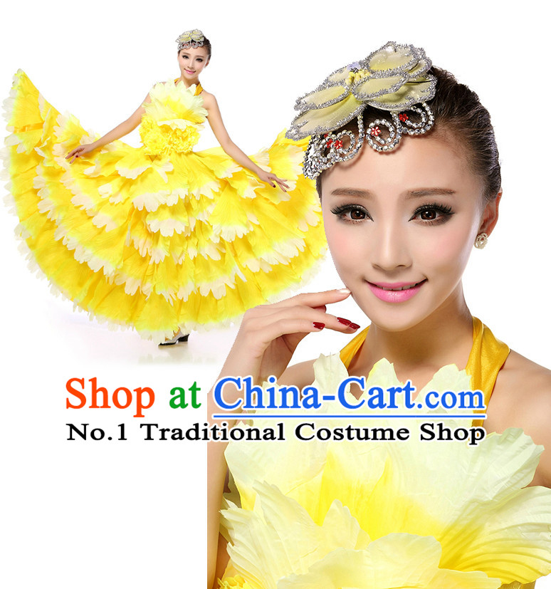 Asian Chinese Petal Dance Costume Dance Stores Dance Gear Dance Attire and Hair Accessories Complete Set