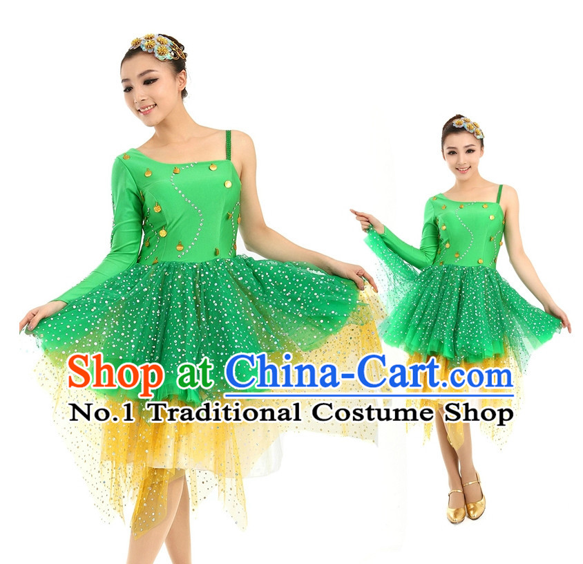 Asian Chinese Dance Costume Dance Attire and Hair Accessories Complete Set