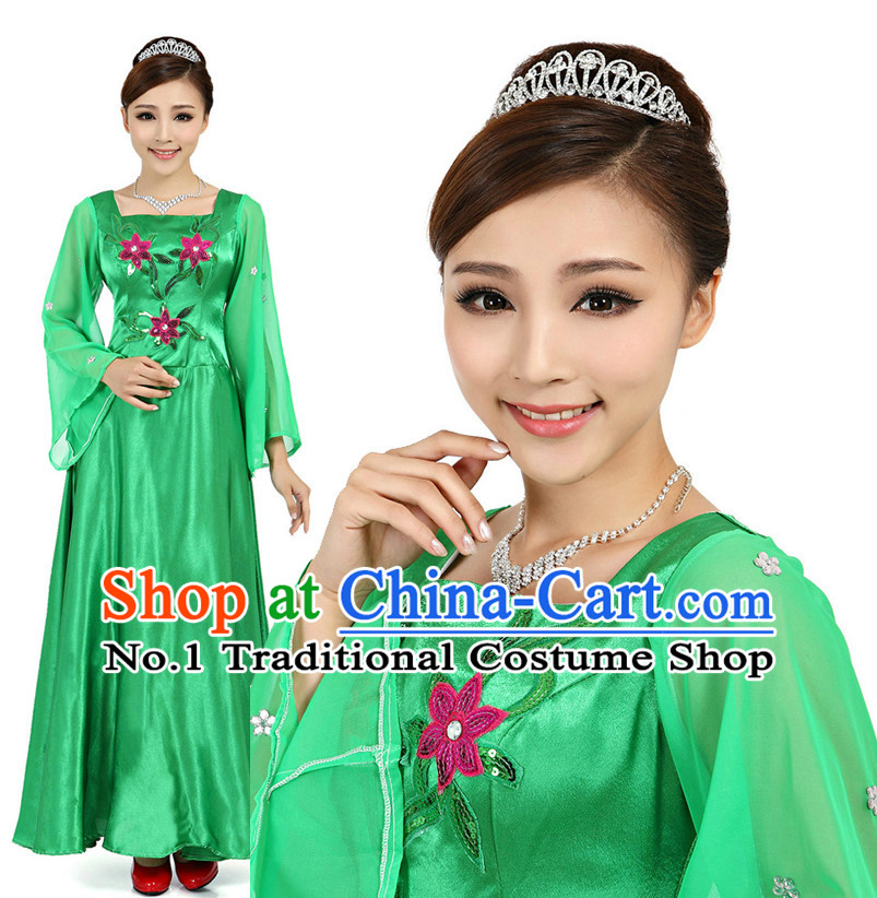 Asian Chinese Fan Dancing Costume Dance Attire and Hair Accessories Complete Set