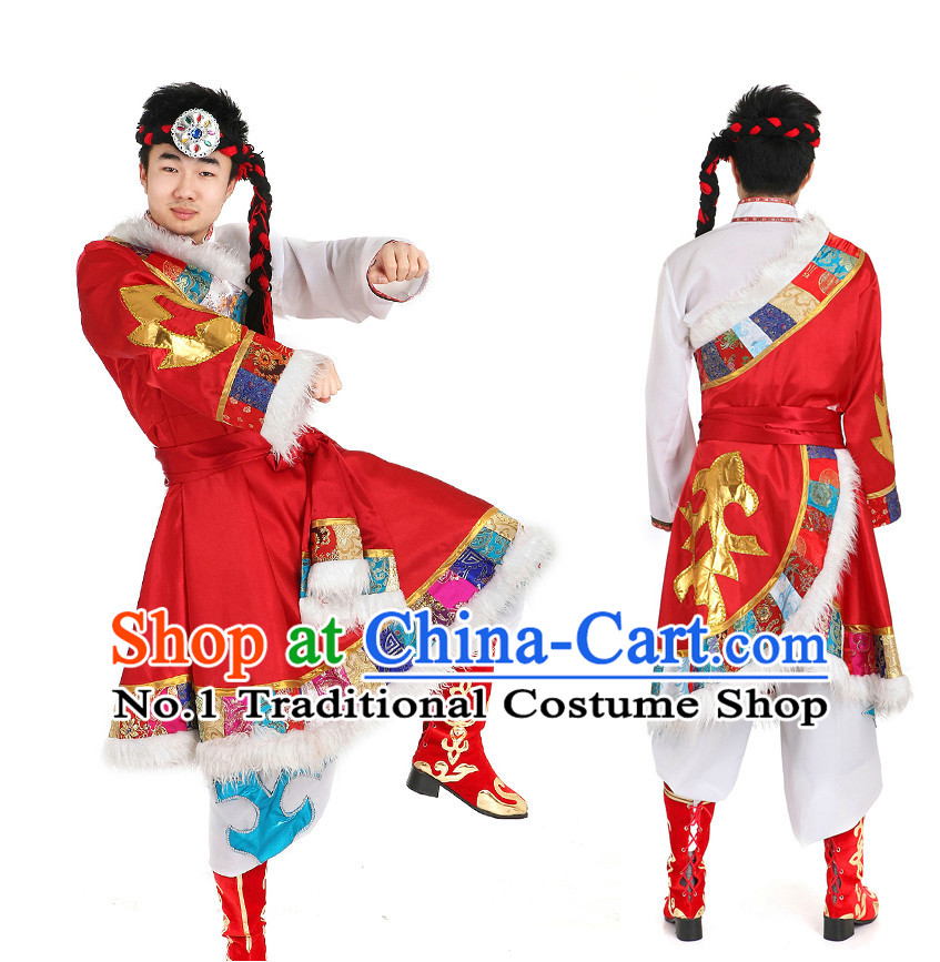 Asian Chinese Mongolian Dancing Costume Dance Attire and Hair Accessories Complete Set