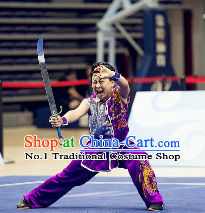 Top Purple Kung Fu Broadsword Costume Martial Arts Broadswords Combat Costumes Kickboxing Equipment Superhero Apparel Karate Clothes Complete Set for Men