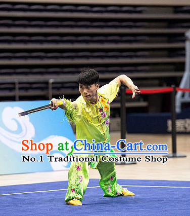 Top Light Green Embroidered Martial Arts Uniform Supplies Kung Fu Southern Swords Broadswords Championship Competition Uniforms for Men