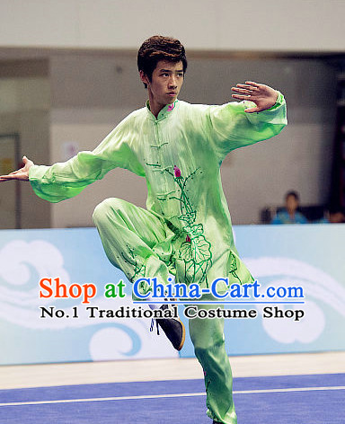 Top Embroidered Lotus Tai Chi Swords Championship Costumes Taijiquan Uniforms Quigong Uniform Thaichi Martial Arts Qi Gong Combat Clothing Competition Clothes for Men