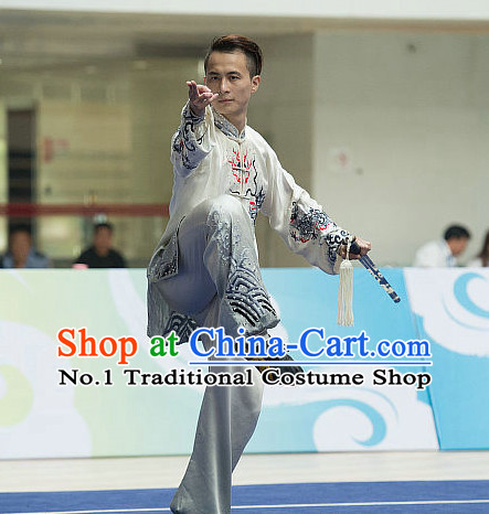 Top Embroidered Tai Chi Sword Championship Costumes Taijiquan Costume Aikido Chikung Tichi Swords Uniforms Quigong Uniform Thaichi Martial Arts Qi Gong Combat Clothing Competition Suits