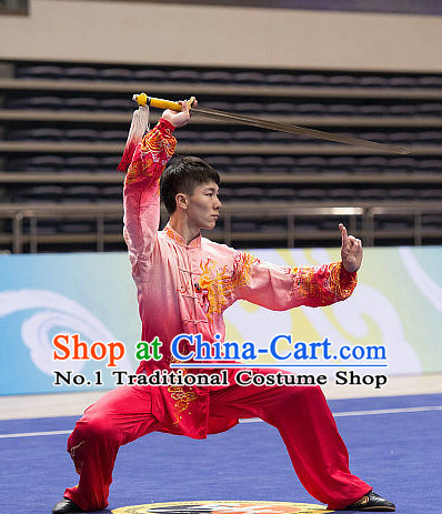 Top Embroidered Lotus Tai Chi Swords Championship Costumes Taijiquan Uniforms Quigong Uniform Thaichi Martial Arts Qi Gong Kung Fu Combat Clothing Competition Clothes for Men