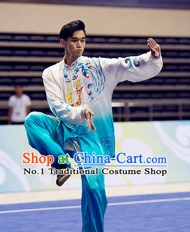 Top Embroidered Tai Chi Swords Championship Costumes Taijiquan Uniforms Quigong Uniform Thaichi Martial Arts Qi Gong Kung Fu Combat Clothing Competition Clothes for Men