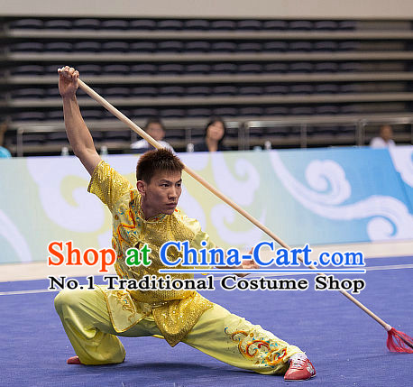 Top Shinning Embroidered Kung Fu Stick Competition Uniforms Kungfu Training Suit Kung Fu Clothing Kung Fu Movies Costumes Wing Chun Costume Shaolin Martial Arts Clothes for Men