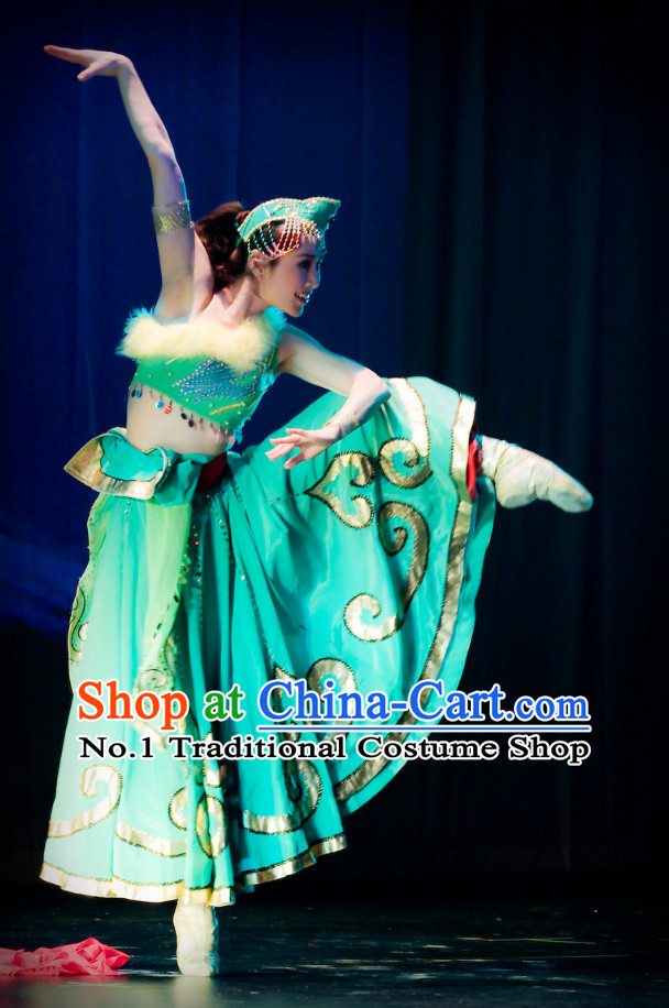 Professional Chinese Stage Performance Ethnic Dancing Costumes and Headwear Complete Set