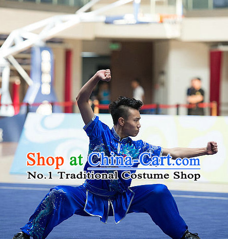 Top Blue Embroidered Dragon Chinese Southern Fist Kung Fu Uniform Martial Arts Uniforms Kungfu Suits Competition Costumes Complete Set