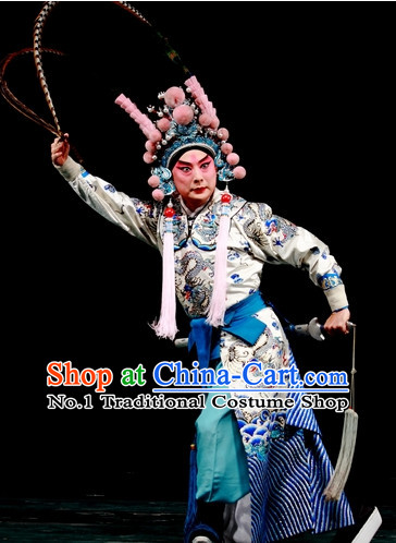 Chinese Ancient Wu Sheng Costumes Fighting or Military Character Costume and Long Pheasant Feather Tail Helmet Complete Set for Men