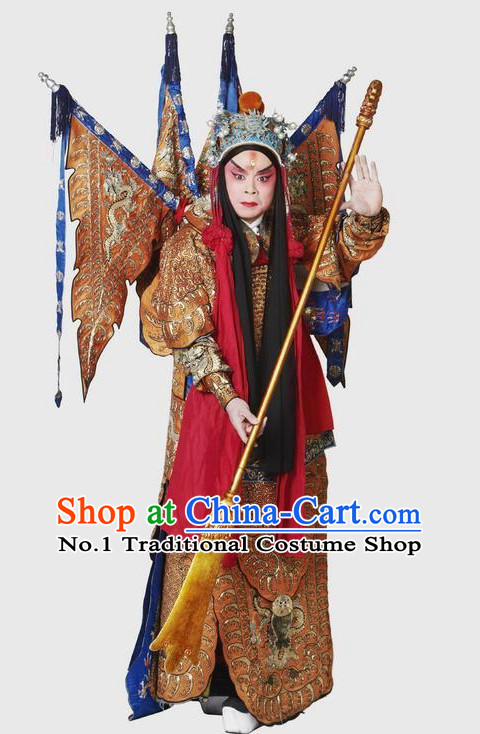 Chinese Yellow Theatrical Costume Beijing Opera Costumes Peking Opera Wu Sheng Embroidered Armor Costumes and Flags for Men
