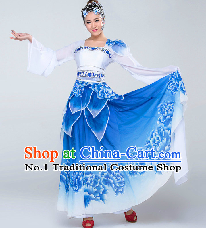 Traditional Chinese Blue and White Classical Dance Costumes Complete Set for Women