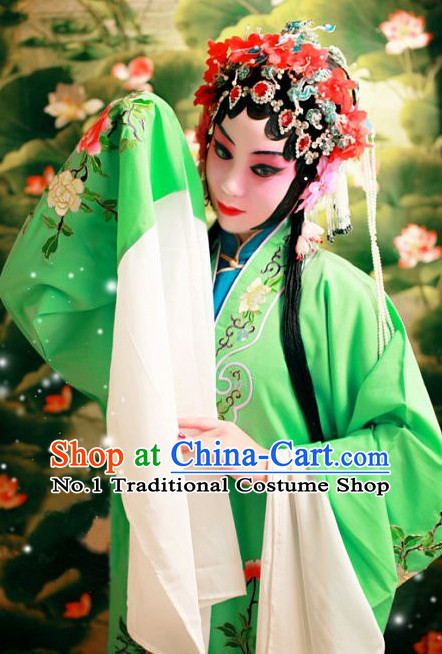 Green Chinese Beijing Opera Hua Dan Hua Tan Costumes and Hair Accessories Complete Set for Women