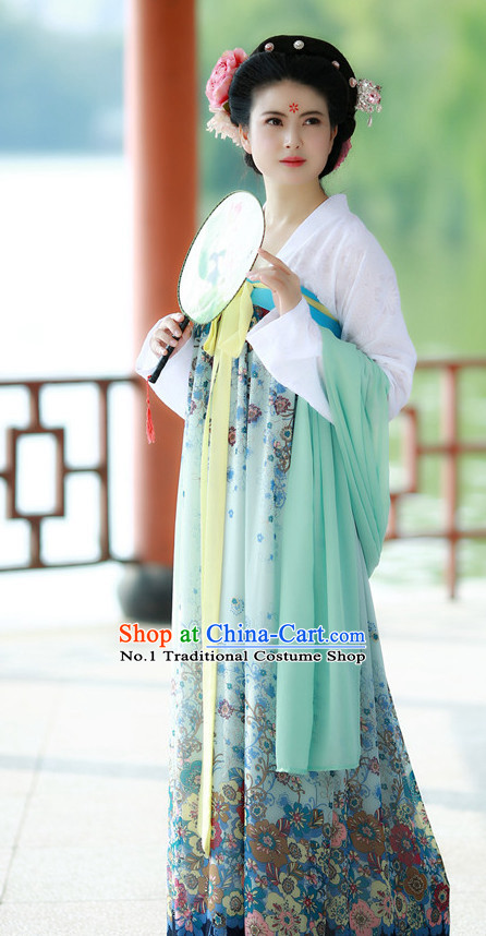 Chinese Tang Dynasty Traditional Plus Size Dress Summer Dresses and Headpieces Complete Set