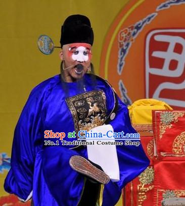 Blue Chinese Traditional Peking Opera Clown Official Costumes and Hat Complete Set for Men