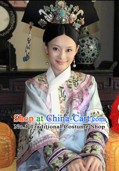 Chinese Ancient Empress Manchu Qipao Cheongsam Clothing and Headwear Complete Set