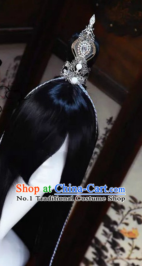 Chinese Traditional Black Long Wig and Prince Coronet