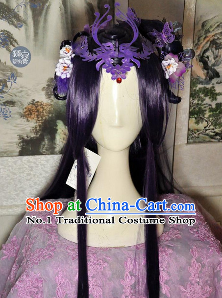 Chinese Traditional Handmade Princess Long Black Wig and Hair Accessories