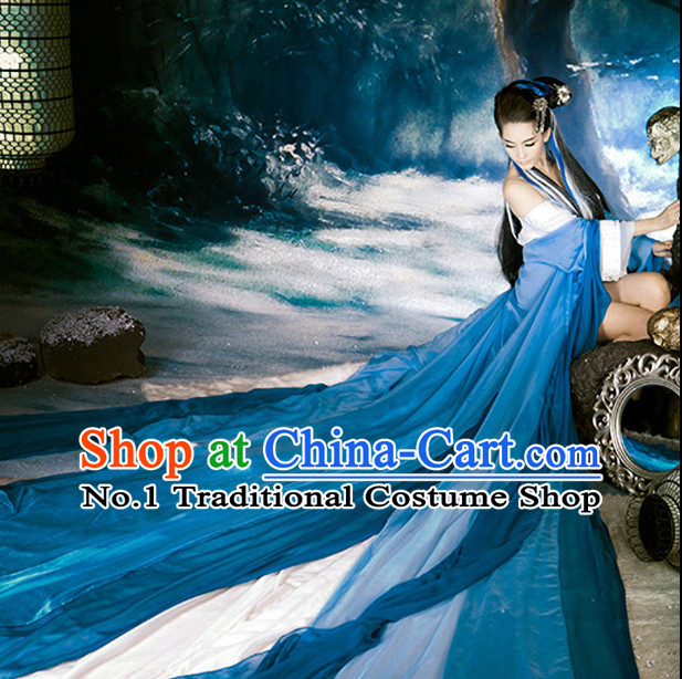 Deep Blue and White Chinese Ancient Beauty Costumes Complete Set with Long Tail