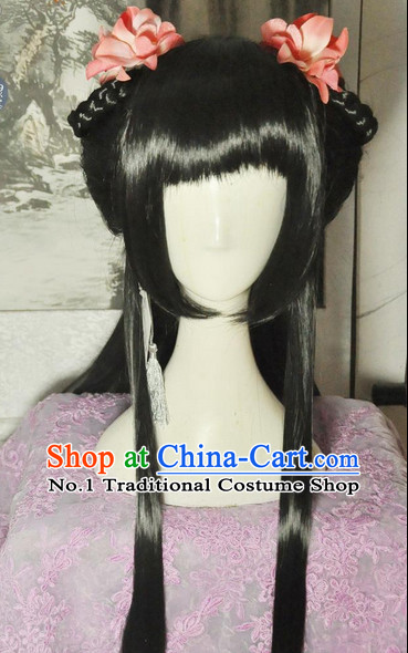 Chinese Style Black Long Wig and Hair Accessories for Girls