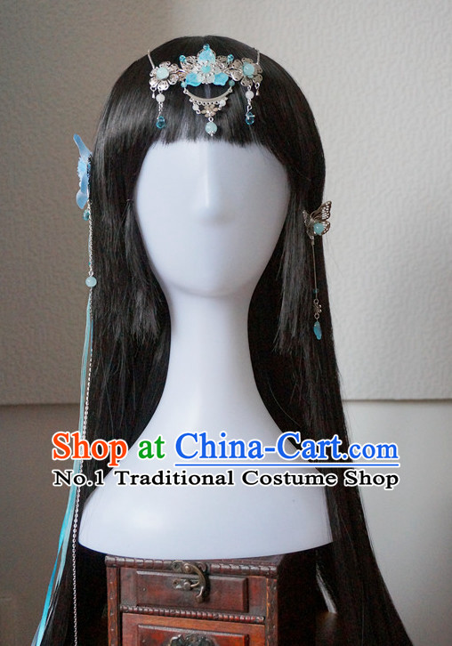 Traditional Chinese Princess Handmade Hair Accessories and Black Long Wigs