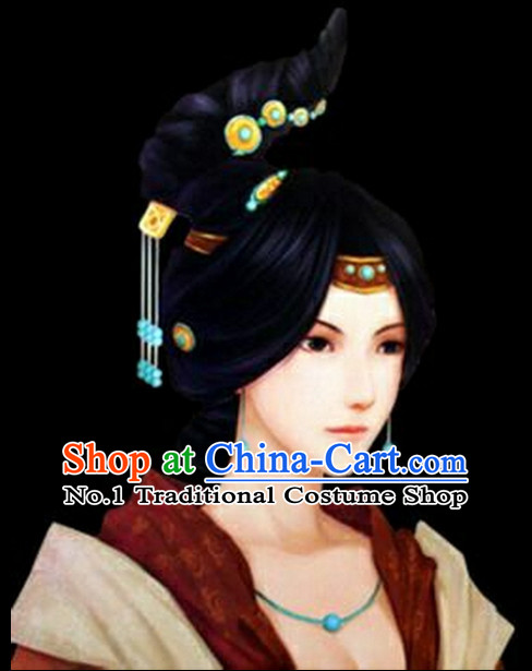 Chinese Ancient Style Ladies Long Black Wigs and Hair Jewelry