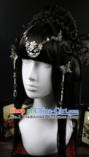 Chinese Traditional Handmade Princess Long Black WIgs and Hair Accessories Set