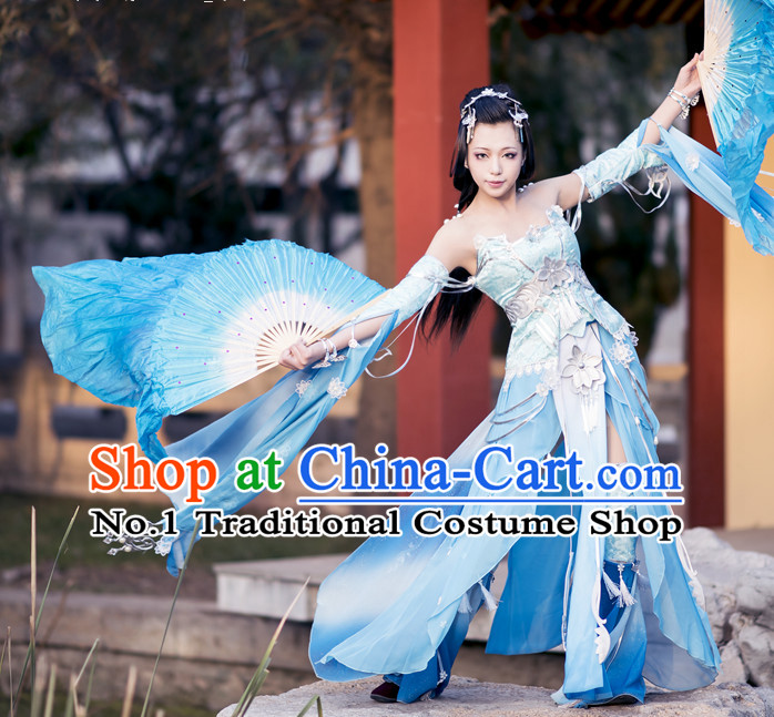 Asia Fashion Chinese Fairy Water Sleeves Fan Dancing Costumes and Hair Accessories Complete Set