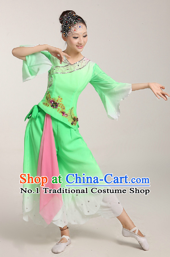 Chinese Folk Ribbon or Fan Dancing Costume and Headwear Complete Set for Women