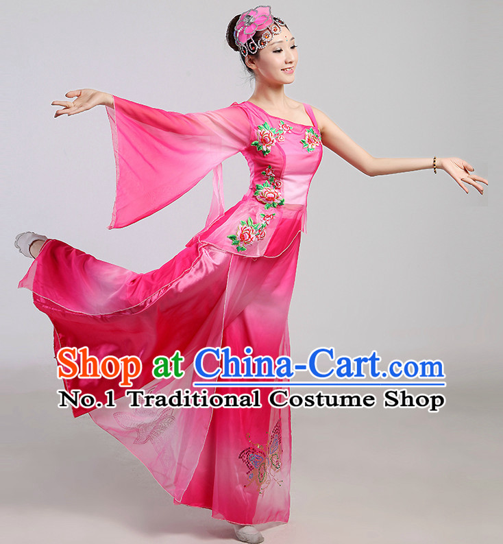 Wide Sleeves Chinese Folk Dance Costumes and Headwear Complete Set for Women
