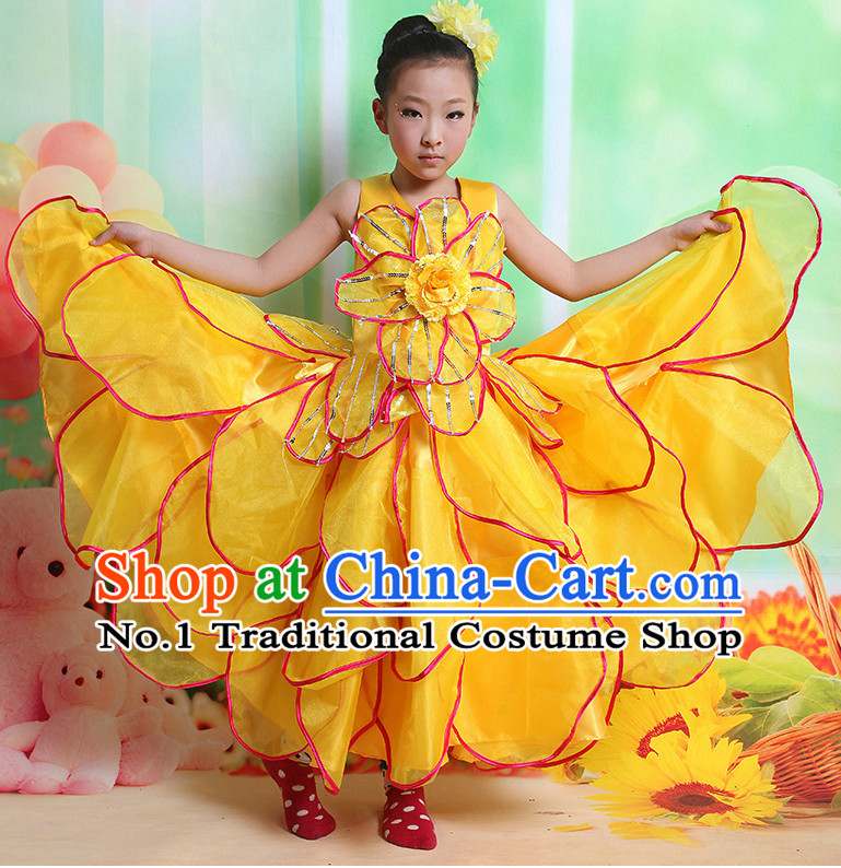 Chinese Fan Dancing Costume and Headwear Complete Set for Kids