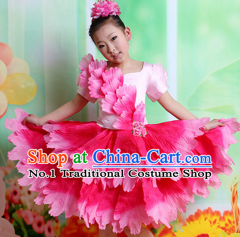 Chinese Flower Dancing Costumes and Hair Accessories Complete Set for Kids
