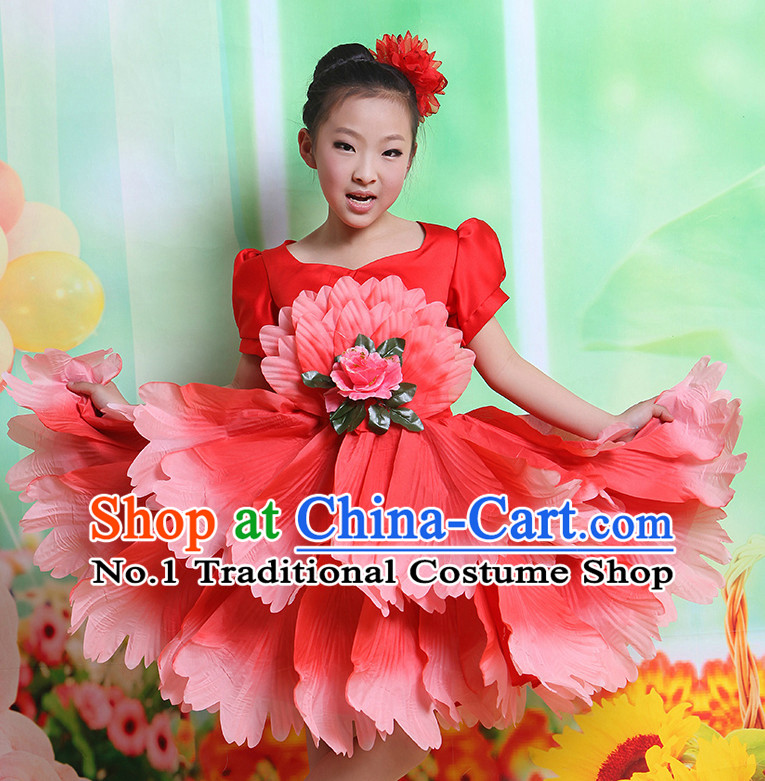 Chinese Flower Dancing Costume and Hair Accessory Complete Set for Kids