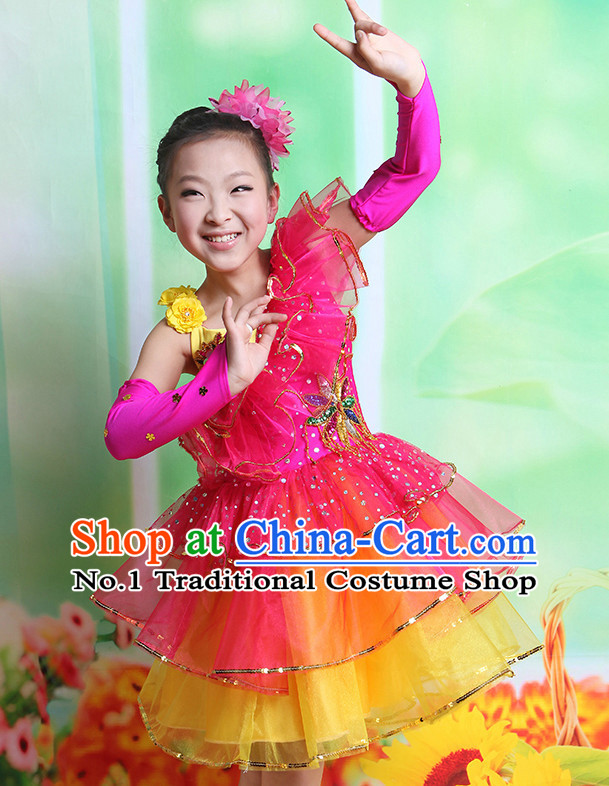 Chinese Fan Dancing Costumes and Hair Accessory Complete Set for Kids
