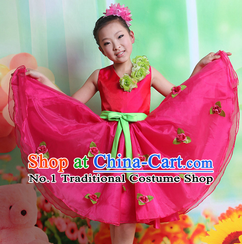 Chinese Folk Ribbon Dancing Costumes and Hair Accessory Complete Set for Kids