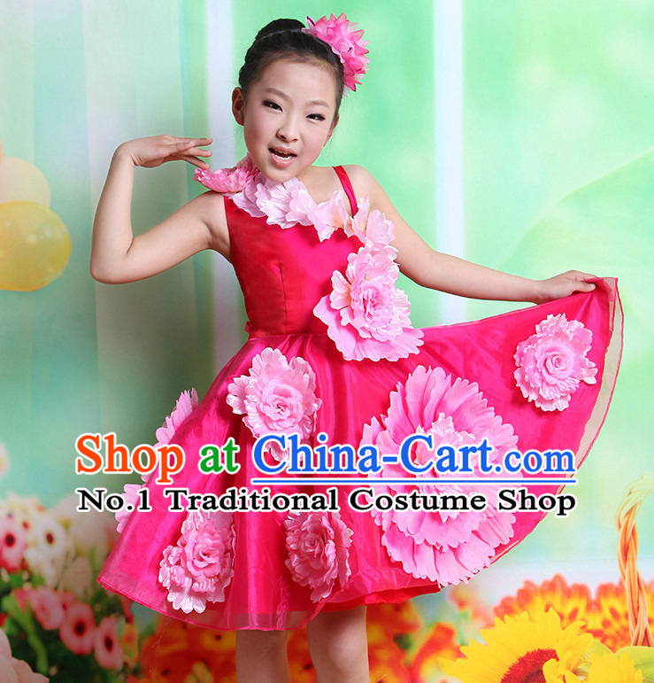 Chinese Flower Dancing Costumes and Hair Accessory Complete Set for Kids