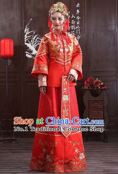 Chinese Traditional Wedding Ceremonial Outfit and Phoenix Crown Complete Set for Women