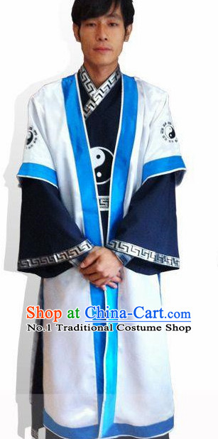 Chinese White and Blue Yin Yang Wudang Mountain Taoist Clothes Complete Set for Men