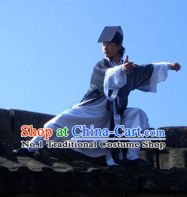 Chinese Deep Blue Yin Yang Wudang Mountain Taoist Costumes Complete Set for Men