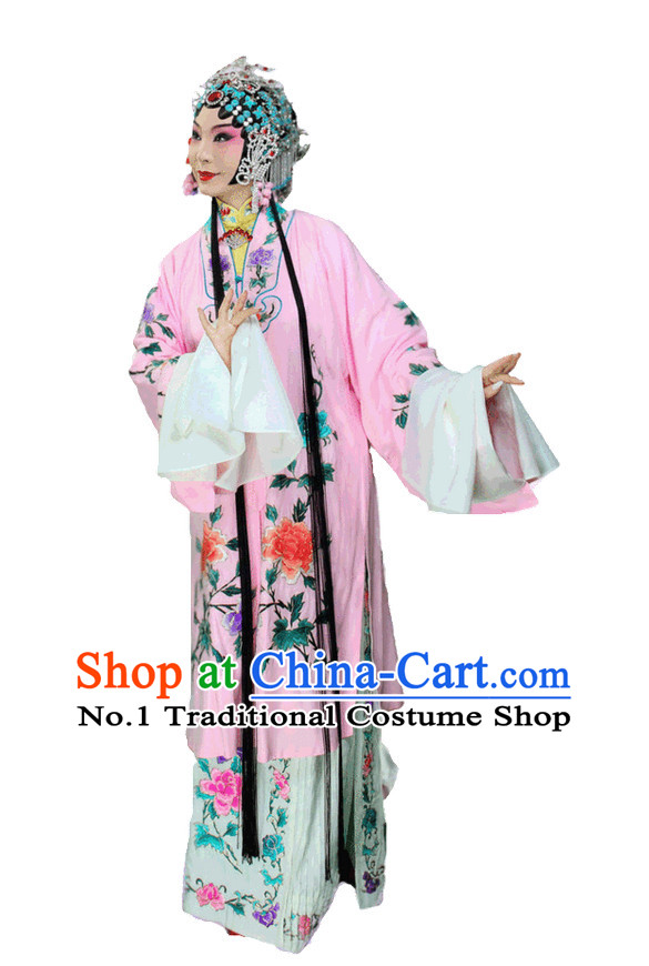 Chinese Traditional Dresses Theatrical Costumes Ancient Chinese Hanfu Hua Tan Long Robe and Hair Accessories