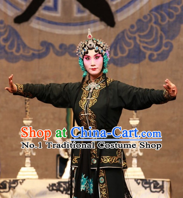 Ancient Chinese Beijing Opera Black Hua Tan Costumes and Hair Accessories Complete Set