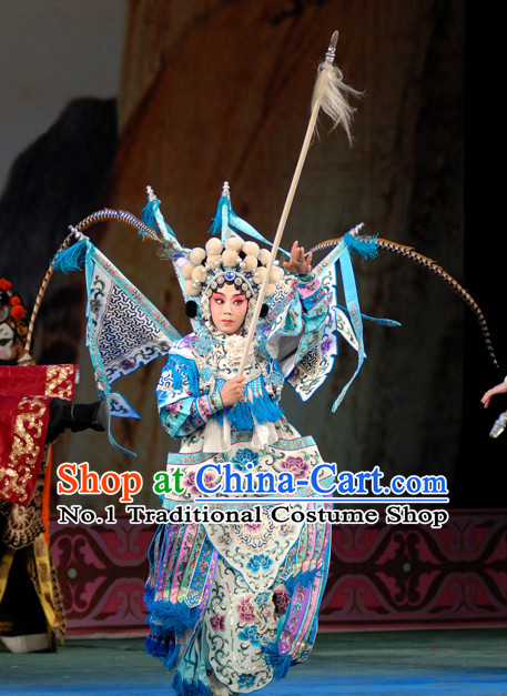 Ancient Chinese Beijing Opera Military Hua Tan Costumes and Hair Accessories Complete Set