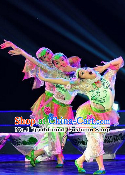 Chinese Folk Hui Nationality Dancewear Costumes and Headwear Complete Set for Women
