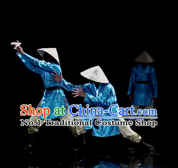 Awesome Chinese Dance Group Dancing Dance Costumes and Strawhats Complete Set for Men